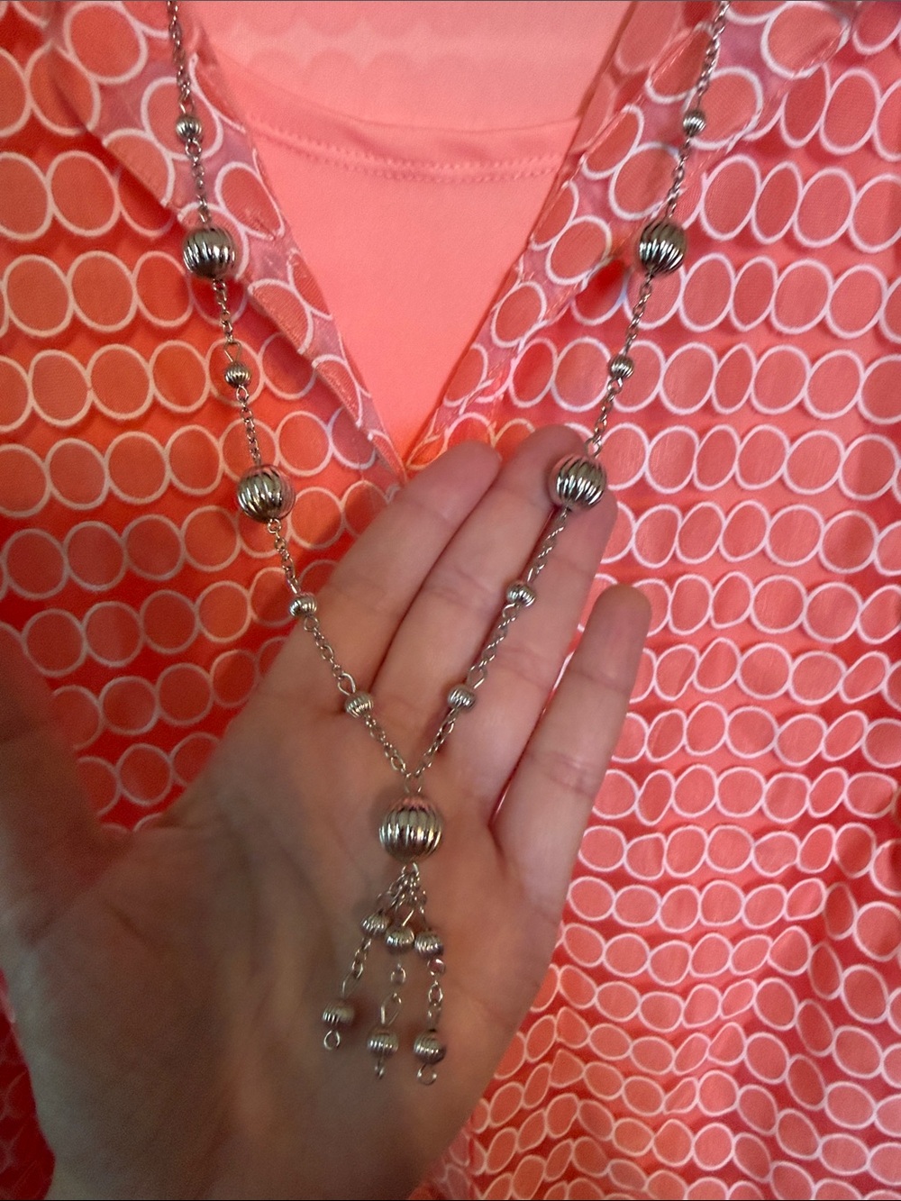 Alfred Dunner Woman 2X Coral Pink Lace Button Up Blouse Set with Necklace - Picture 4 of 6